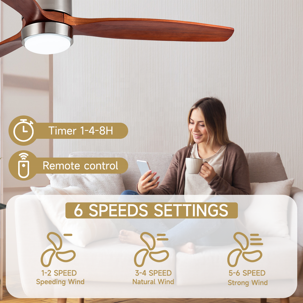 52" wooden ceiling fan led lights reversible 3CCT dimmable BLDC remote ceiling fan with light