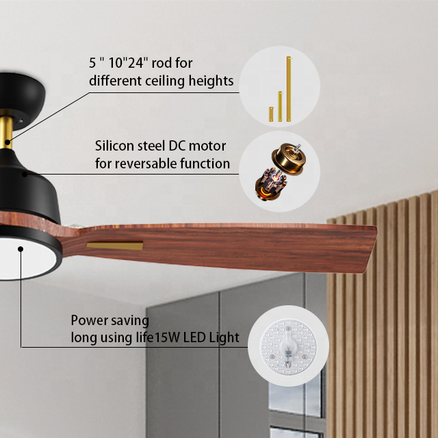 60" European Styles Solid Wood Reversible Bldc Motor Led Light Ceiling Fan With Remote Control
