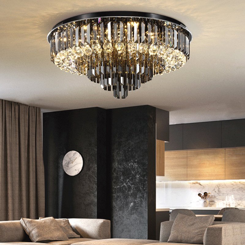 Simple modern light luxury round crystal flush mount living room black atmospheric ceiling light smokey crystal ceiling lamp