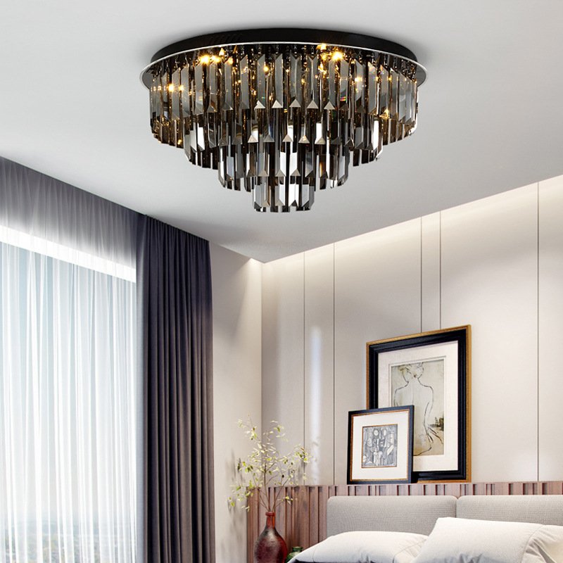 Simple modern light luxury round crystal flush mount living room black atmospheric ceiling light smokey crystal ceiling lamp