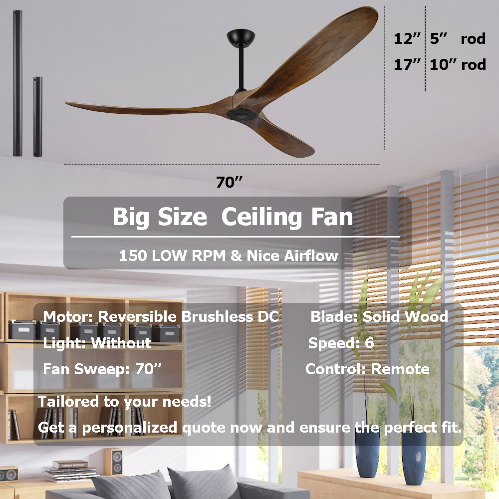 70" Real Wood Blades Ceiling Fan - Indoor/Outdoor Patio, Energy-Saving DC Motor, Quiet Operation, Perfect for Large Spaces