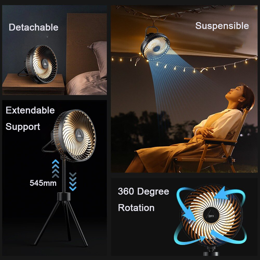 12000mah Camping Fan Rechargeable Desktop Portable Circulator Wireless Ceiling Electric Fan With Power Bank Led Lighting