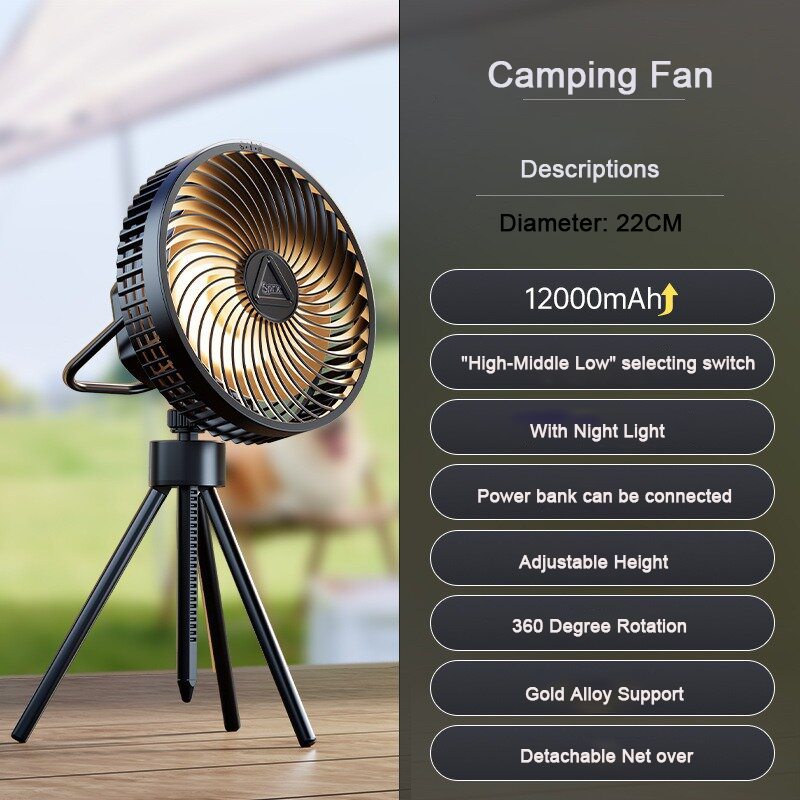 12000mah Camping Fan Rechargeable Desktop Portable Circulator Wireless Ceiling Electric Fan With Power Bank Led Lighting