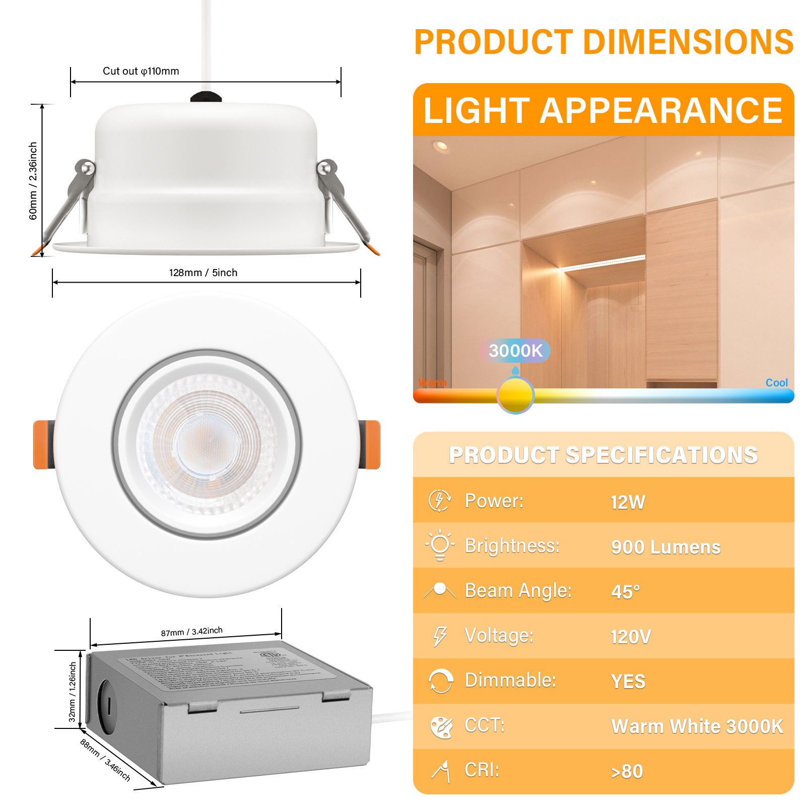 4 Inch Gimbal Canless Smd Led Down Light, 120V, 12W, 3CCT: 30K-40K-50K, CRI80+, 1000LM, Dimmable, ETL, Wet Location