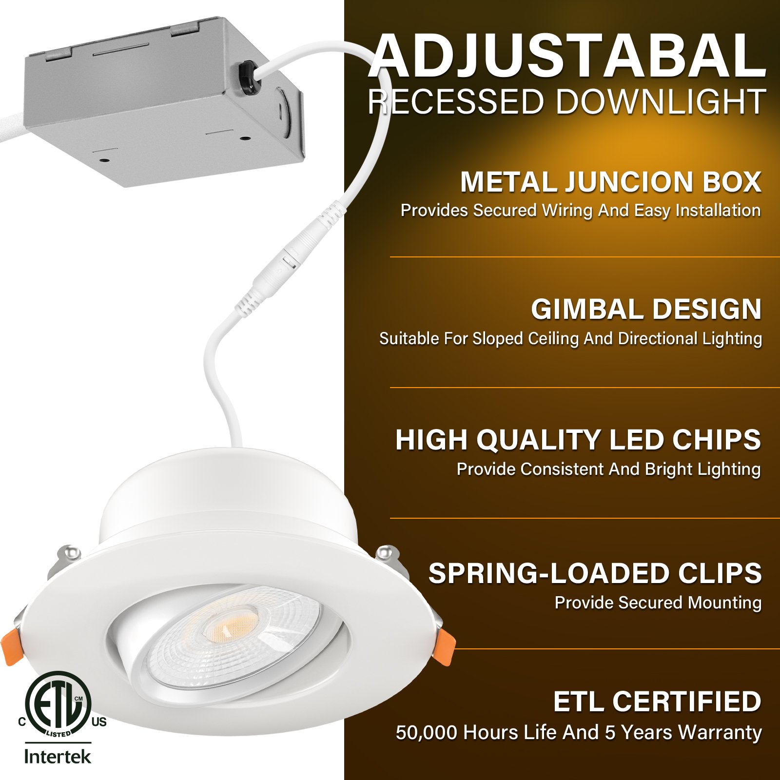 4 Inch Gimbal Canless Smd Led Down Light, 120V, 12W, 3CCT: 30K-40K-50K, CRI80+, 1000LM, Dimmable, ETL, Wet Location