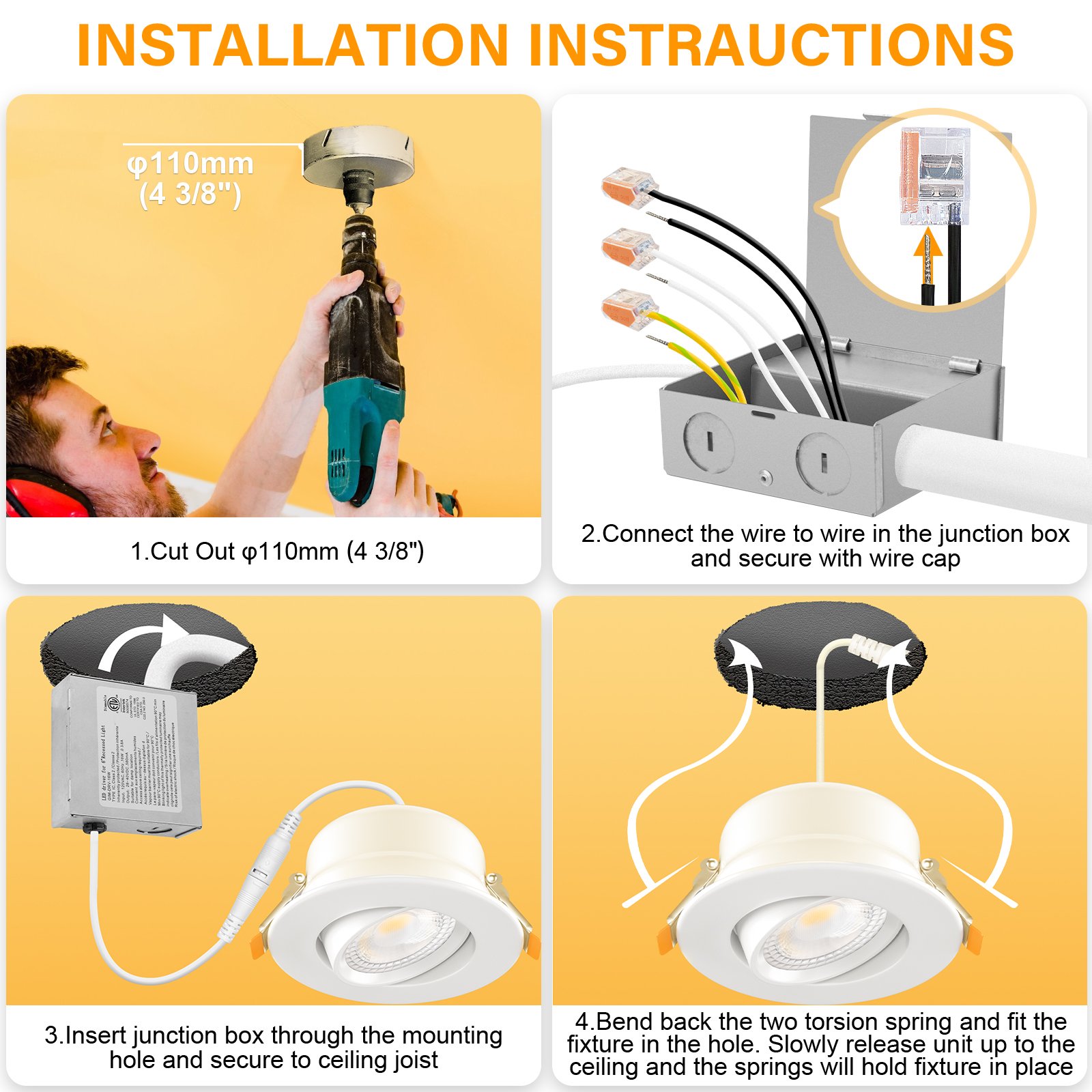 4 Inch Gimbal Canless Smd Led Down Light, 120V, 12W, 3CCT: 30K-40K-50K, CRI80+, 1000LM, Dimmable, ETL, Wet Location