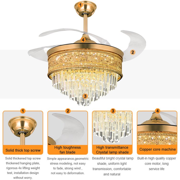 Led Ceiling Fan Light Crystal ABS Blade Decorative Retractable Invisible 42 Inch Modern 80 Lighting and Circuitry Design 30000