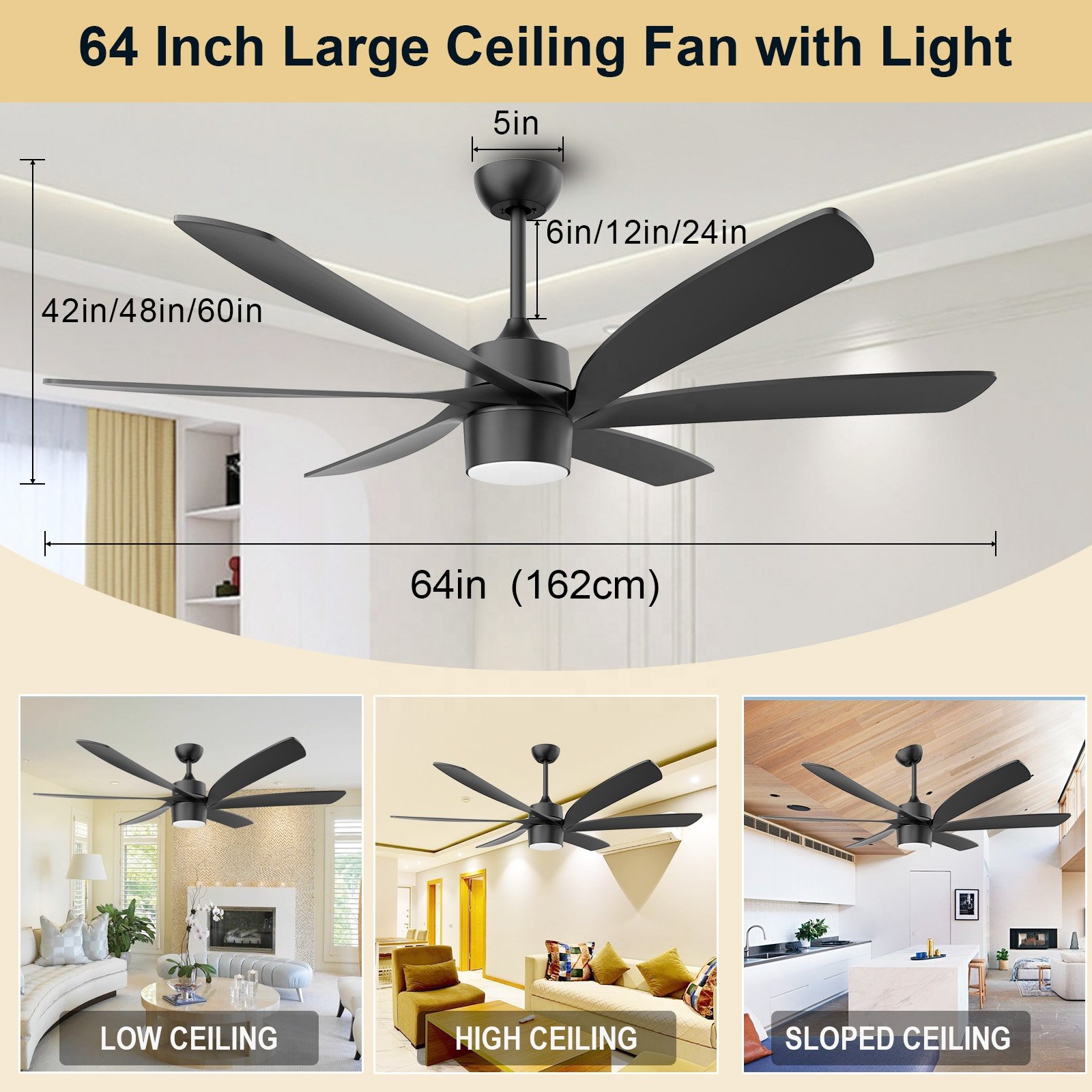 64" Modern Ceiling Fan With LED Light High Airflow 6 ABS DC remote Ceiling Fan light