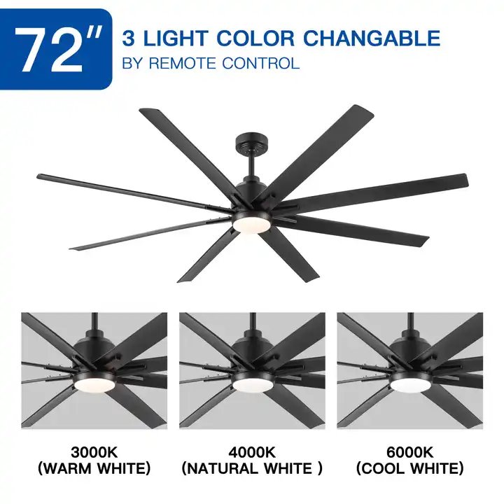 Indoor Outdoor Industrial Energy Saving Intelligent 8 Blades Metal 72 Inch Black Large Ceiling Fan With Light