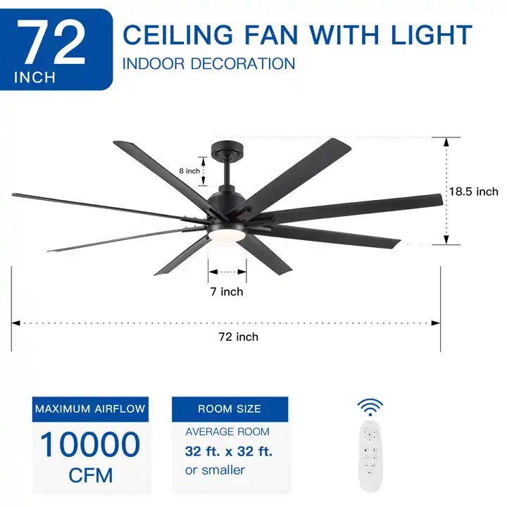 Indoor Outdoor Industrial Energy Saving Intelligent 8 Blades Metal 72 Inch Black Large Ceiling Fan With Light