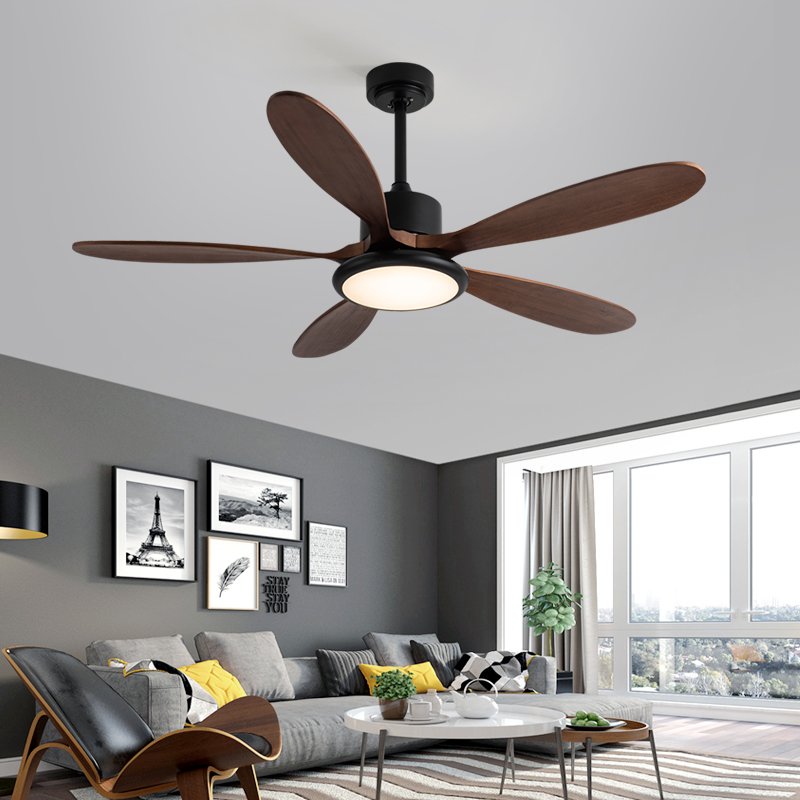 Factory Direct Sales Modern simple chandelier fan 5 Solid Wood blades dc bldc remote control led ceiling fan with light