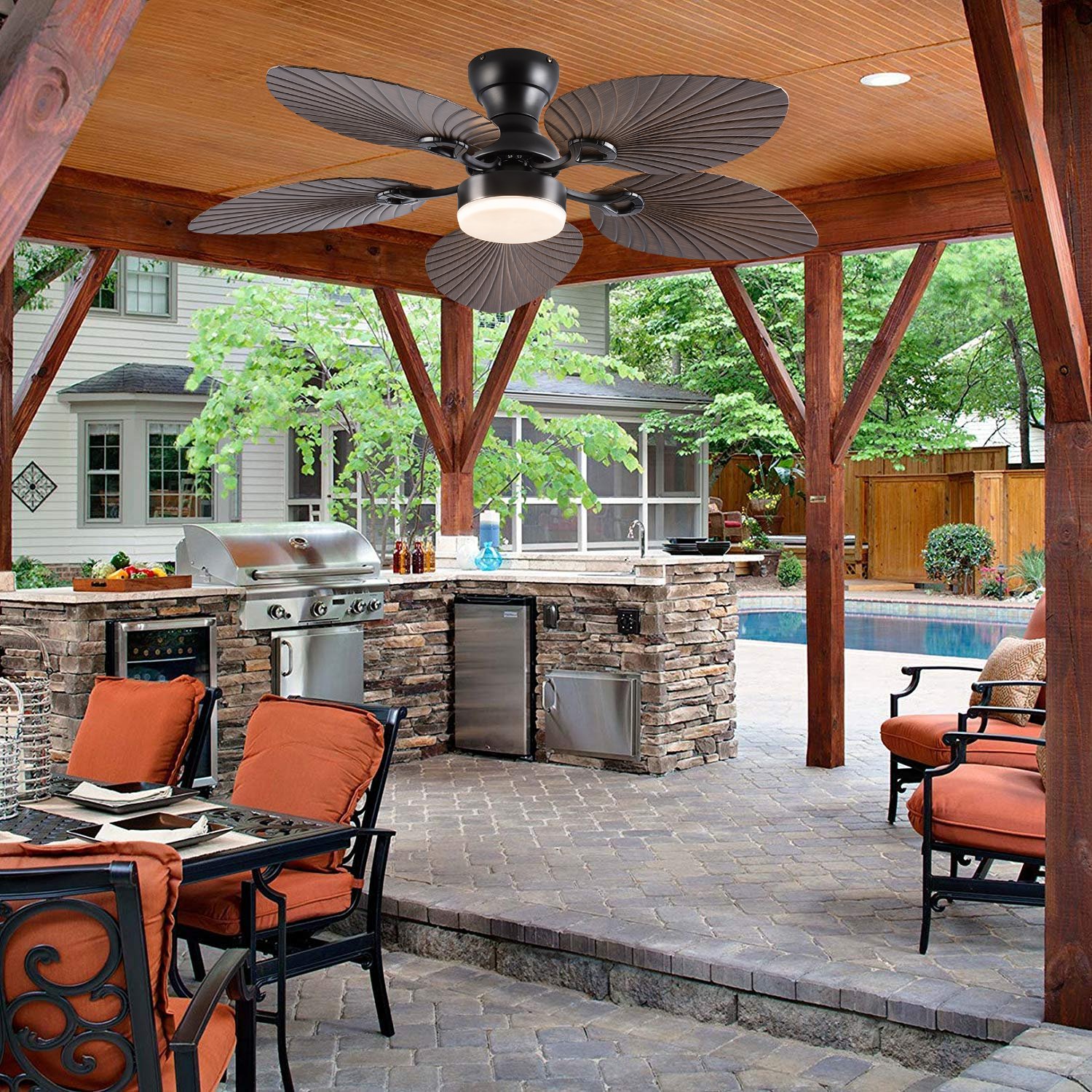 Tropical Ceiling Fan 5 Palm Leaf Remote Control Outdoor Classic 52 inch Ceiling Fan with Light