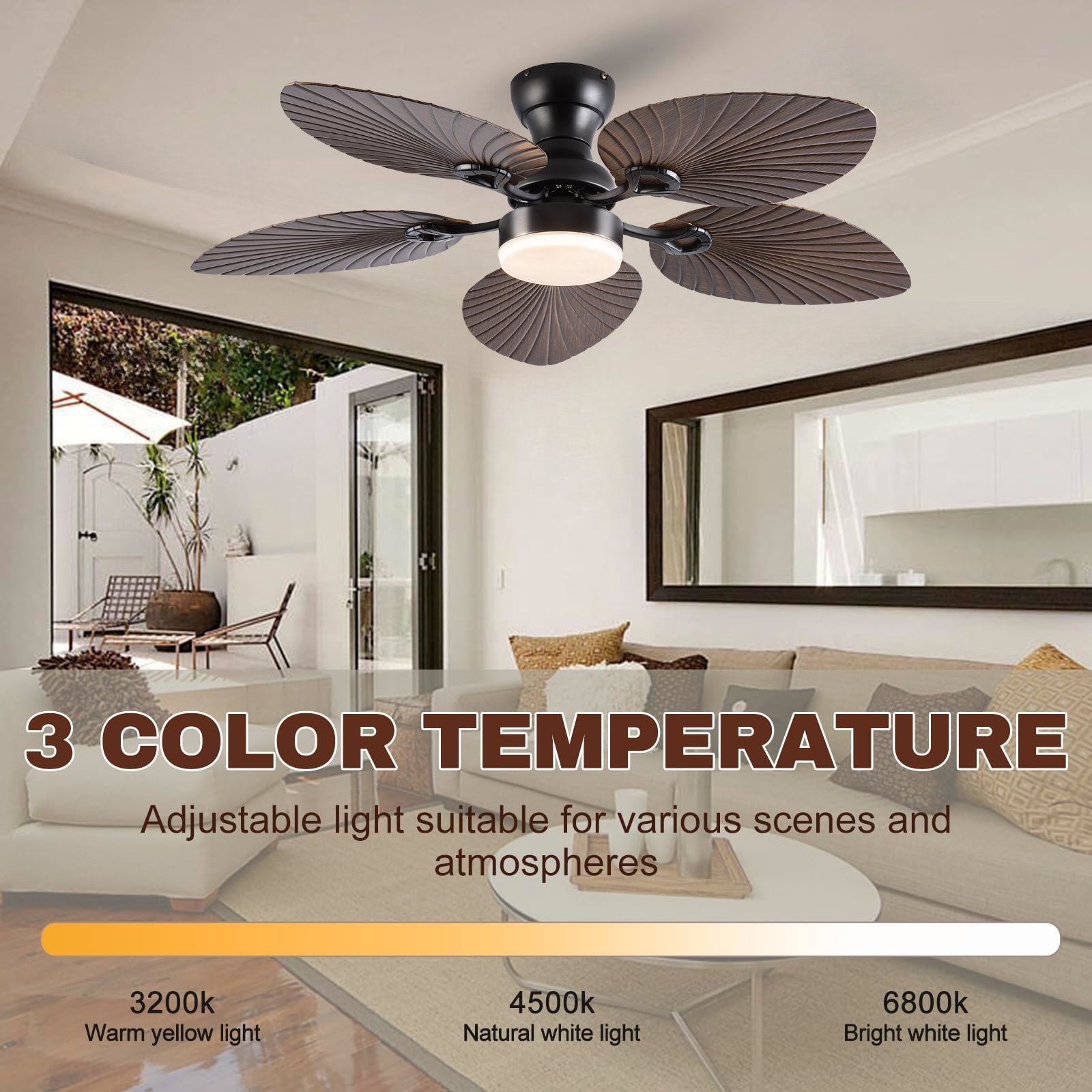 Tropical Ceiling Fan 5 Palm Leaf Remote Control Outdoor Classic 52 inch Ceiling Fan with Light
