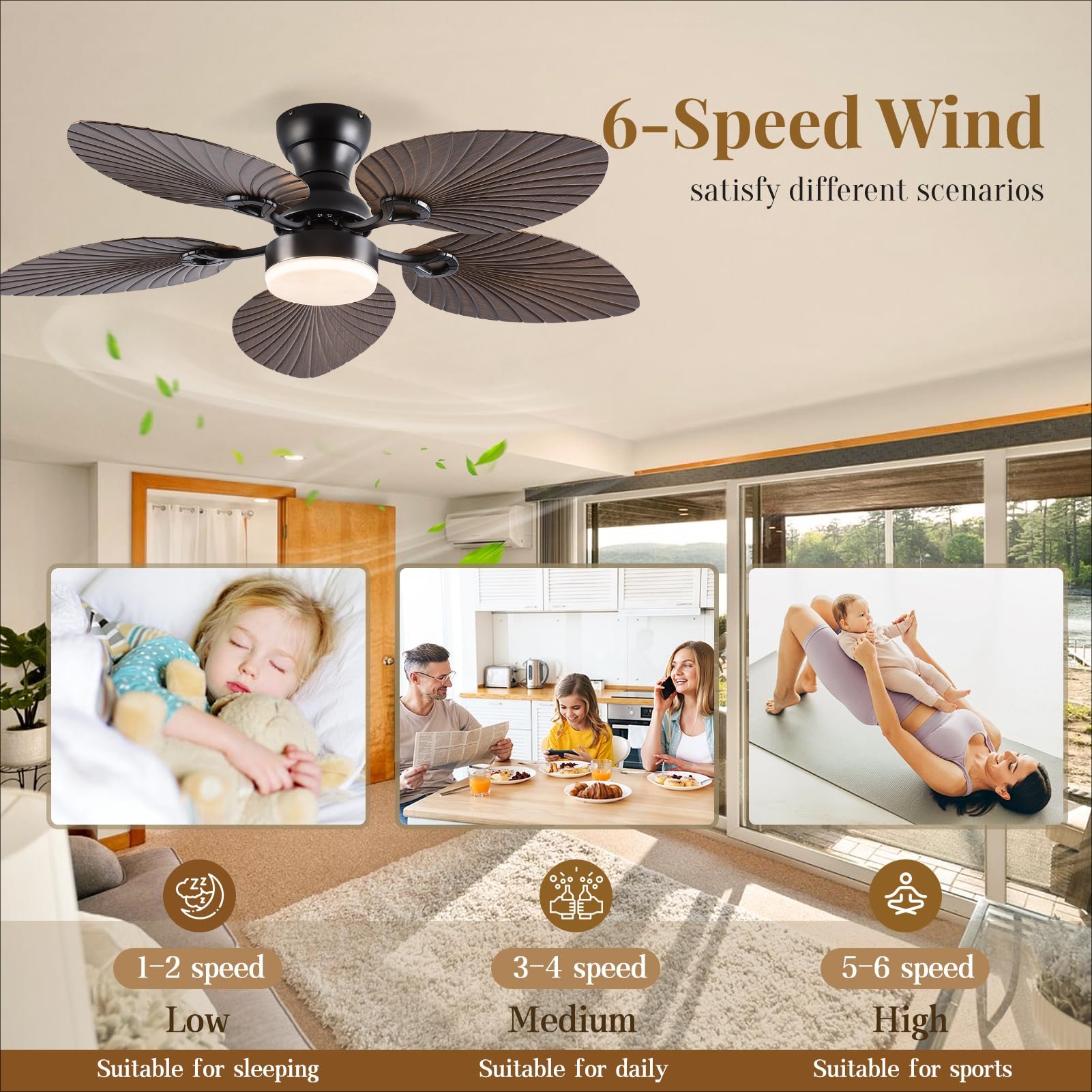 Tropical Ceiling Fan 5 Palm Leaf Remote Control Outdoor Classic 52 inch Ceiling Fan with Light