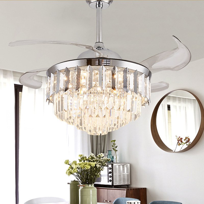 42" Crystal Invisible fan light Ceiling Fans Light with Remote Control 3 Color Changes LED Chandelier Fan lamp factory price