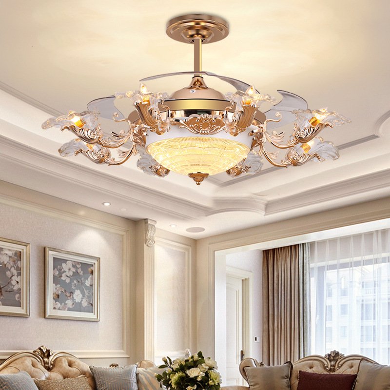 42" Crystal Invisible fan light Ceiling Fans Light with Remote Control 3 Color Changes LED Chandelier Fan lamp factory price