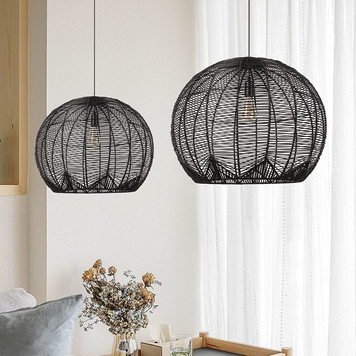 Cream Wicker Rattan Basket Style Hand Woven Seagrass Dome Hanging Chandelier Paper Rope Pendant Light