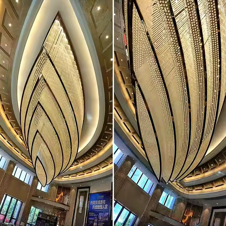 Luxury Hotel Lobby Decorative Gold Led Lights Hotel Ballroom Project Large Flush Mount Ceiling Light Crystal Chandelier