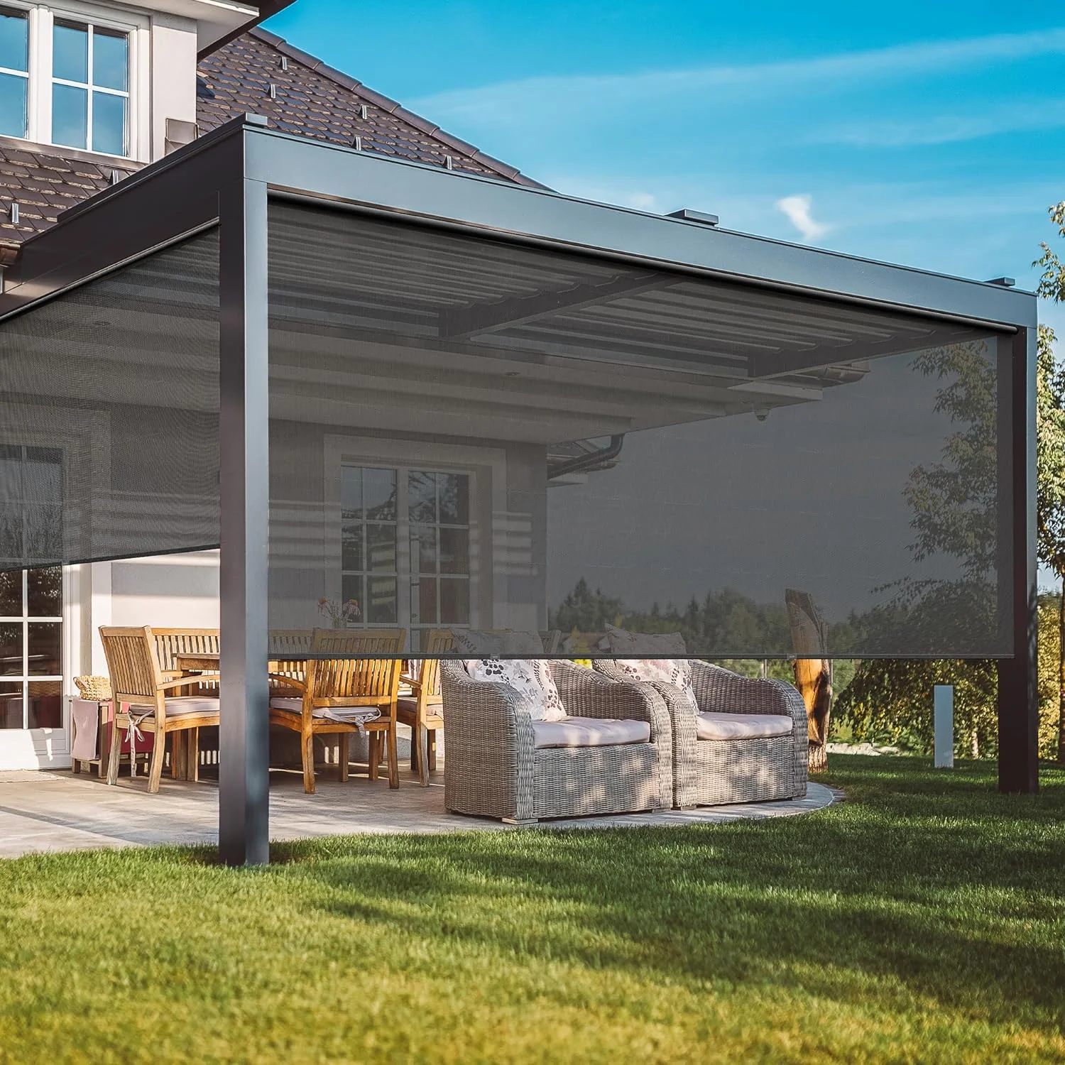 Electric Motorized Wifi Smart Control Outdoor Zipper Roller Blinds for Pergola Block UV Light Big Size Outdoor Roller Shades