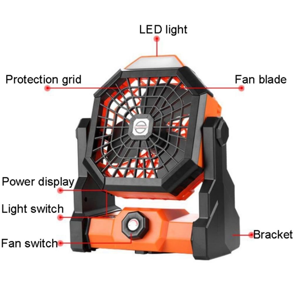 Camping Fan Rechargeable Desktop Portable Air Circulator Wireless Ceiling Fan with LED Lighting 270 ° Head Rotation Electric Fan