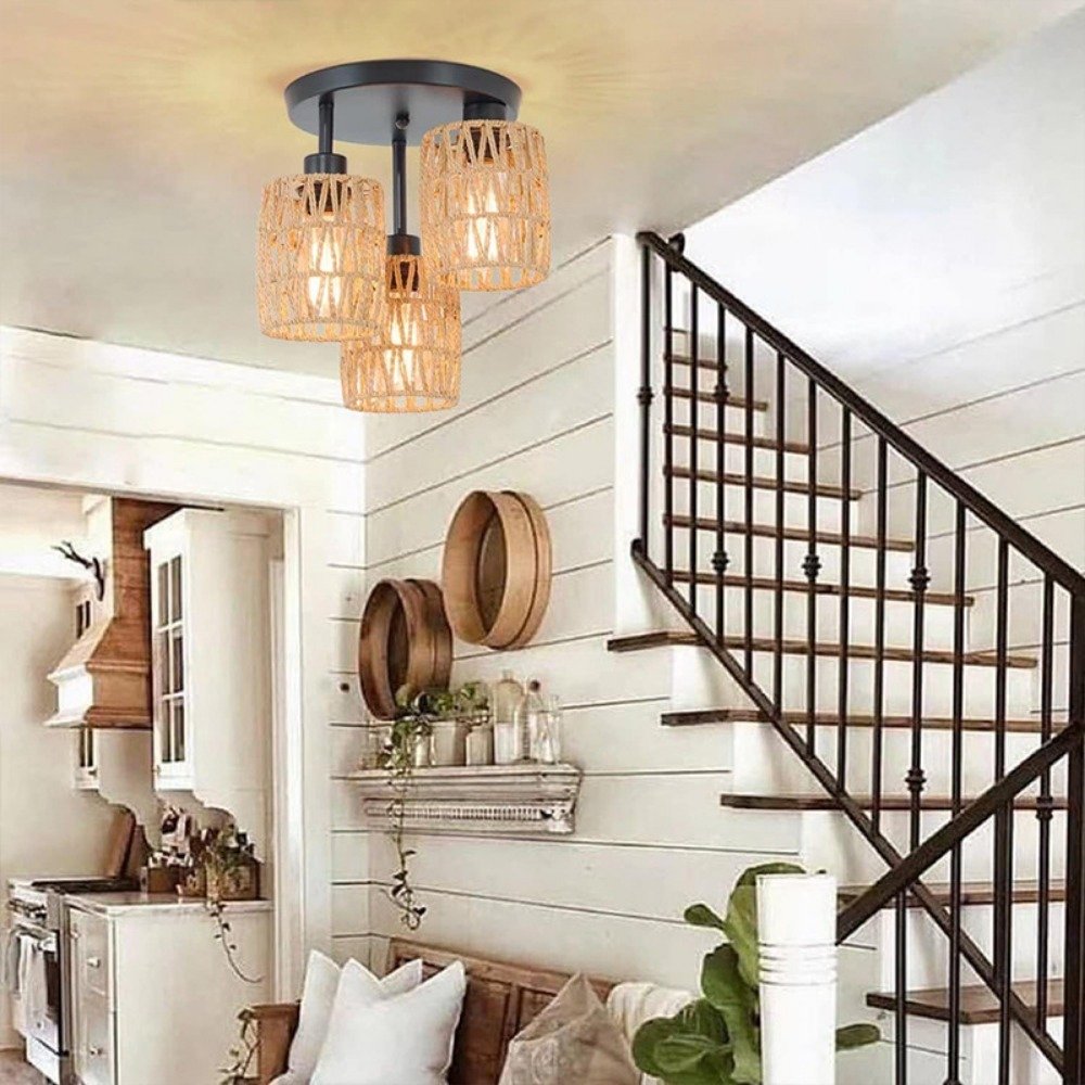 Hanging Ceiling Outdoor Patio Decor Wicker Table Lantern Waterproof Rattan Light for Patio Lawn Yard Garden Woven Lampshade