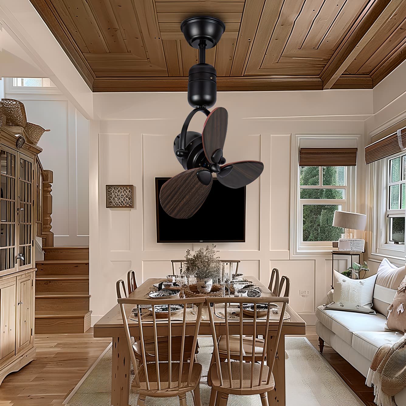 ECO 16 inch wooden blade black small Moving head ceiling fan strong wind silent for study kitchen bar use with remote control