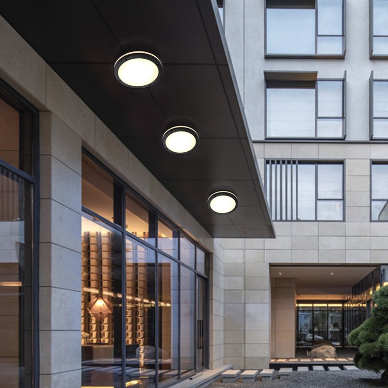 Round aluminum outdoor terrace bedroom lamp modern European corridor lamp black glass ip54 Waterproof LED ceiling light