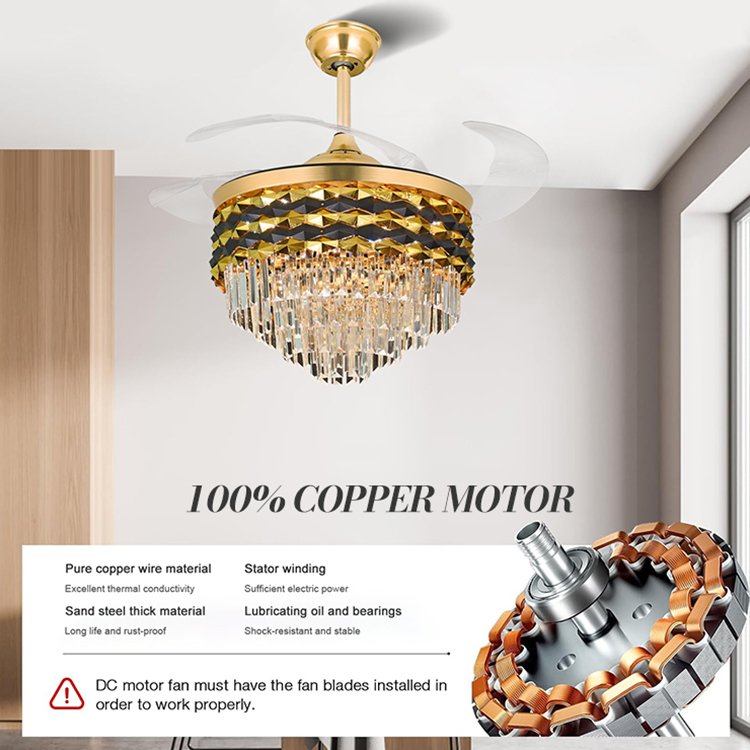 Decorative Light Led Ceiling Fan Lamp Mute Design Luxury Pure Cooper DC Motor Retractable Invisible 42 Inch Modern 80 ABS 30000