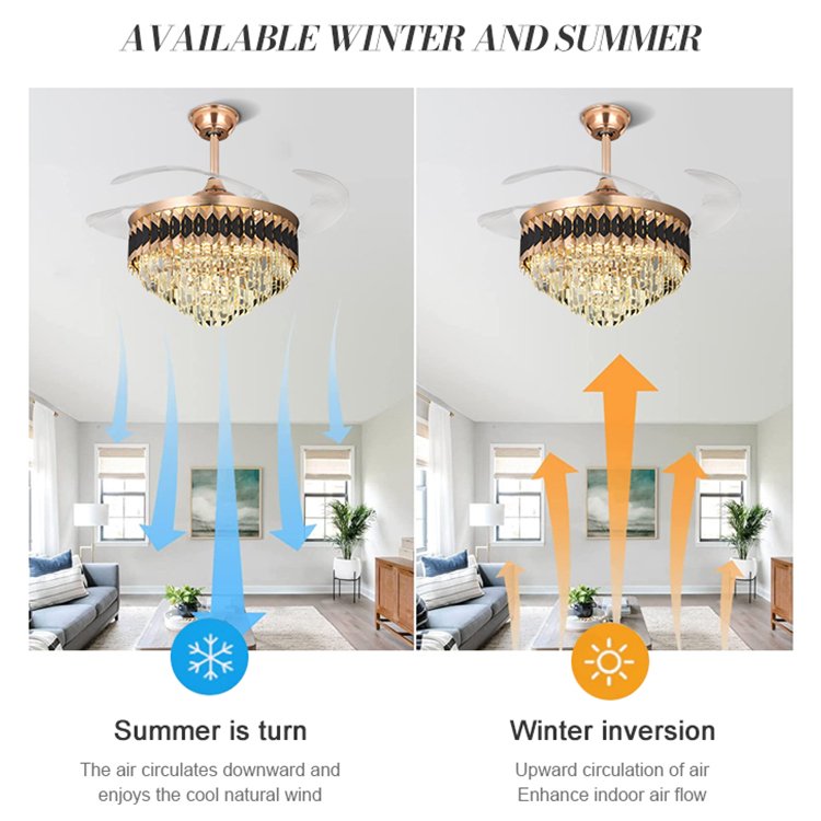 Decorative Light Led Ceiling Fan Lamp Mute Design Luxury Pure Cooper DC Motor Retractable Invisible 42 Inch Modern 80 ABS 30000