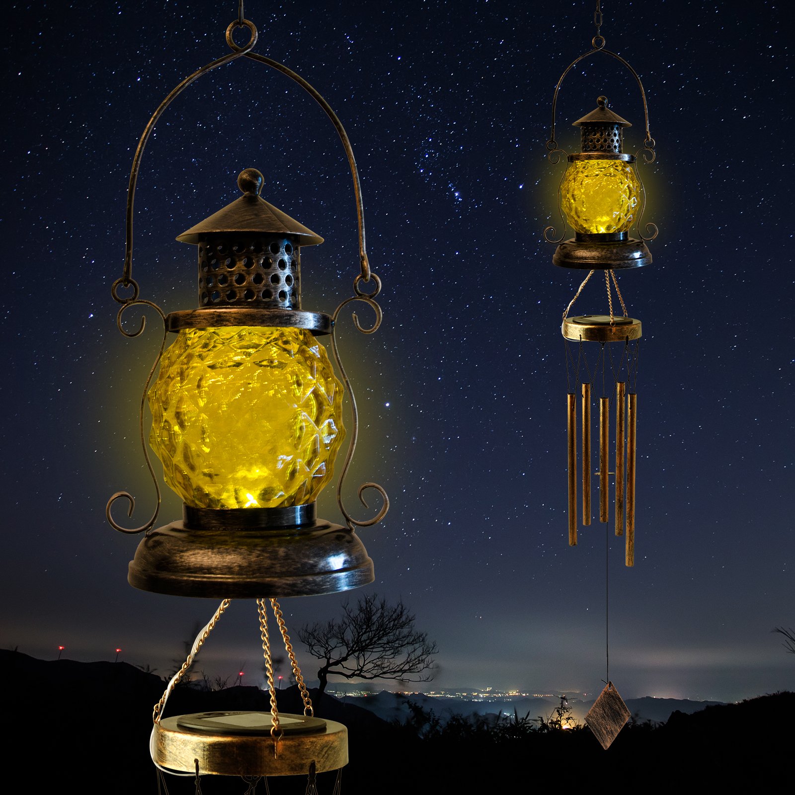 Retro LED Solar-Charging Chandelier Waterproof ABS/PC Garden Decorative Wind Chime Light Street Use Commemorative Lantern