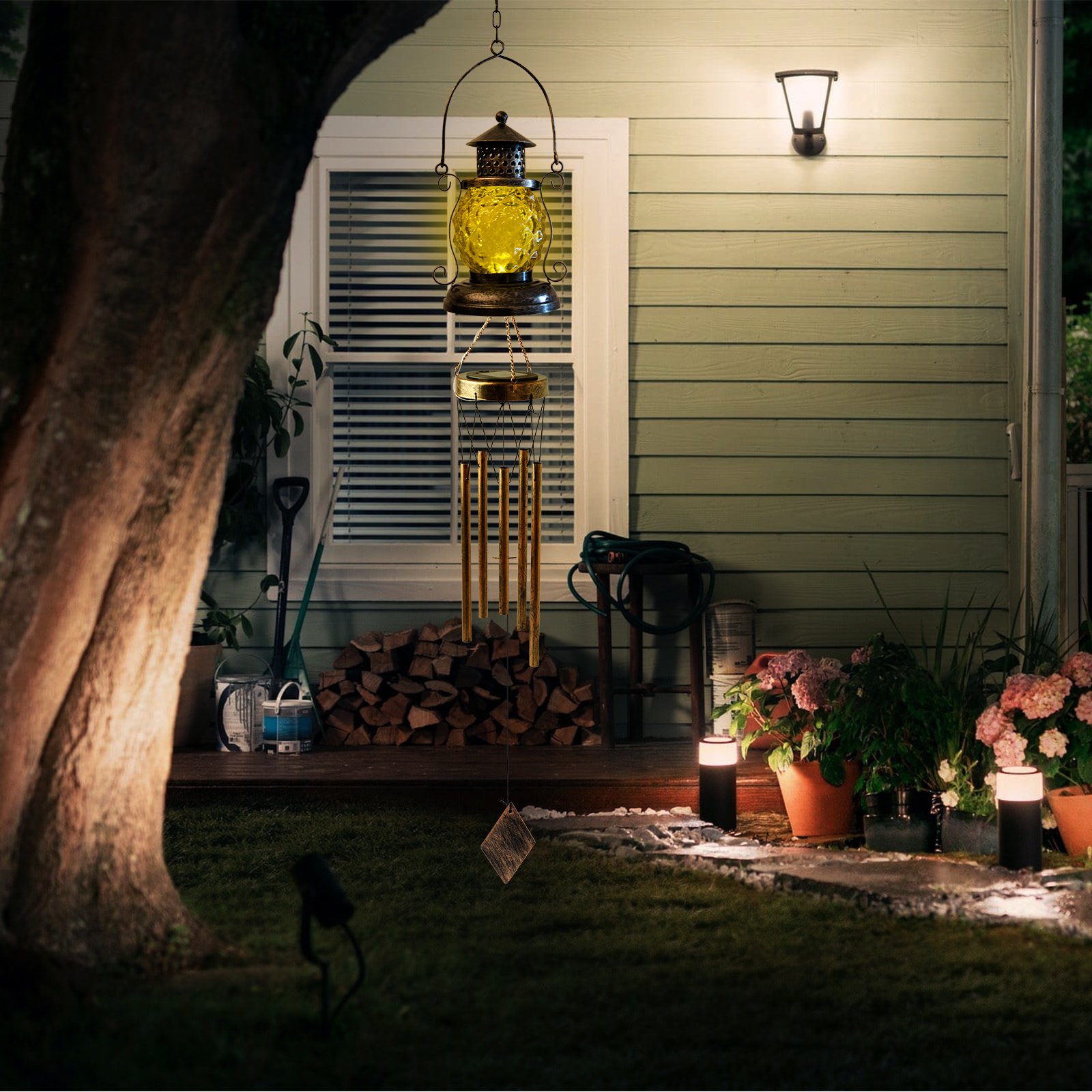 Retro LED Solar-Charging Chandelier Waterproof ABS/PC Garden Decorative Wind Chime Light Street Use Commemorative Lantern