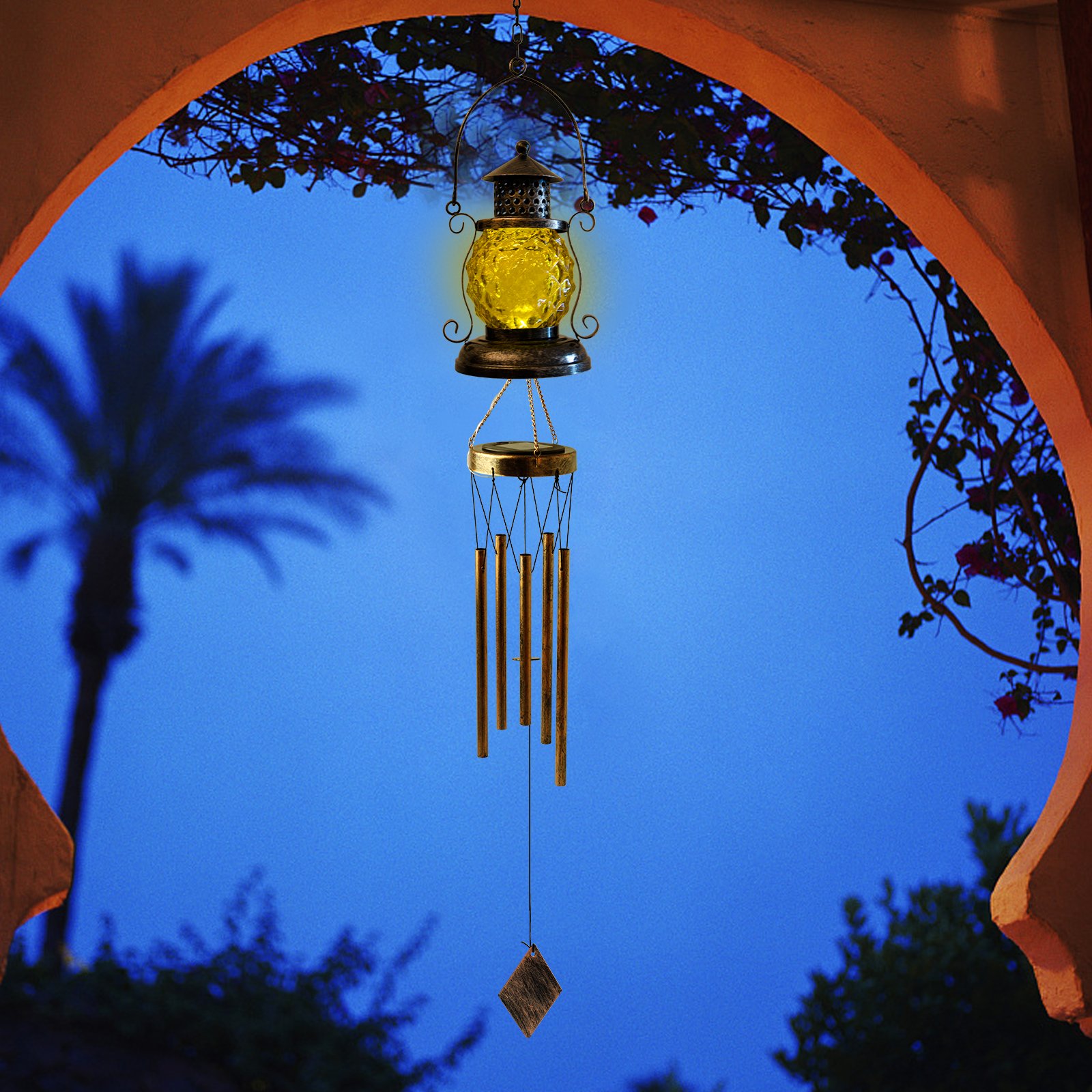 Retro LED Solar-Charging Chandelier Waterproof ABS/PC Garden Decorative Wind Chime Light Street Use Commemorative Lantern