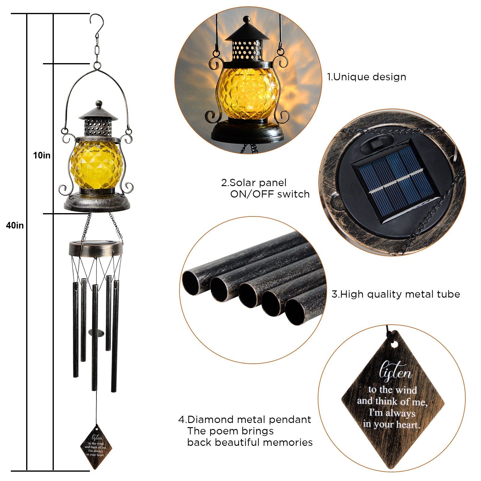 Retro LED Solar-Charging Chandelier Waterproof ABS/PC Garden Decorative Wind Chime Light Street Use Commemorative Lantern