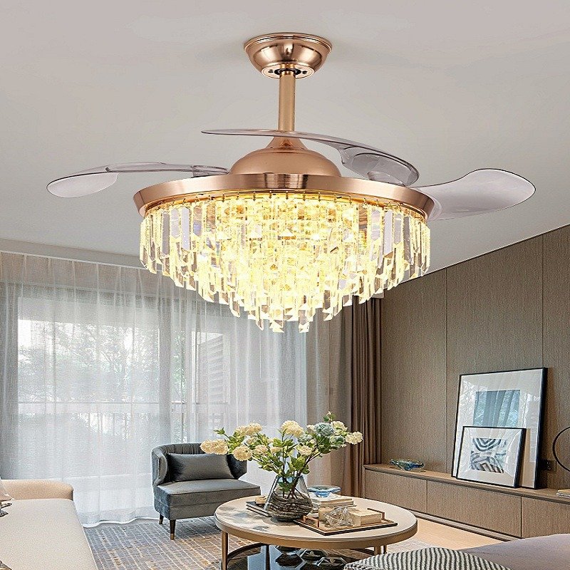 2023 new model retractable fandelier ceiling fan 42 inch Chandelier fan Ceiling fan light crystal with remote