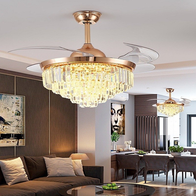 2023 new model retractable fandelier ceiling fan 42 inch Chandelier fan Ceiling fan light crystal with remote