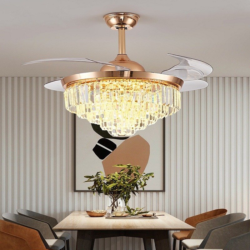 2023 new model retractable fandelier ceiling fan 42 inch Chandelier fan Ceiling fan light crystal with remote