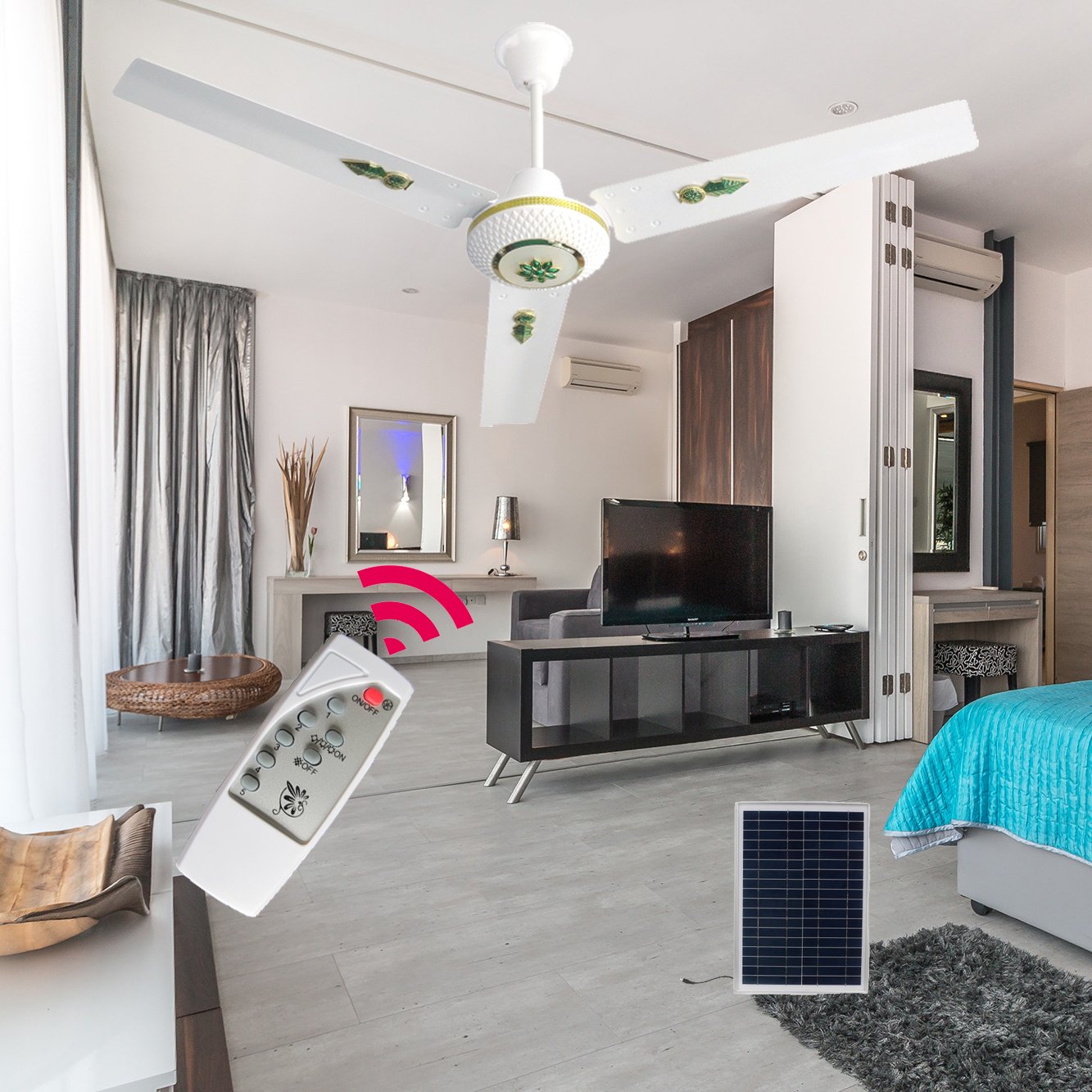 Hot sale AC DC solar ceiling fan Rechargeable Ceiling Fan DC 12V Motor 56 Inch ceiling fan with led light and remote control