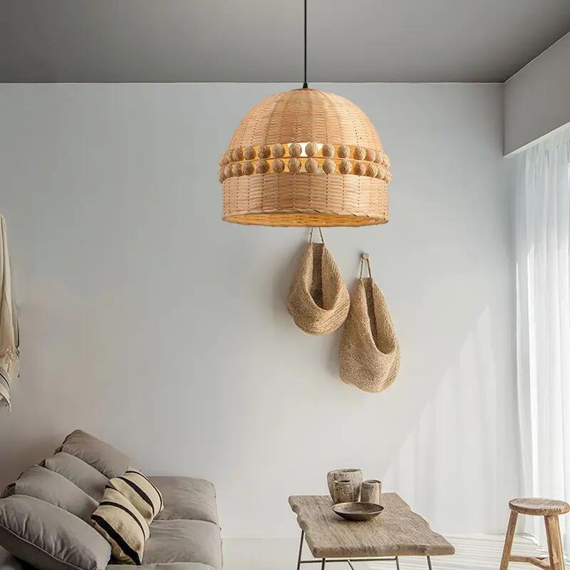 new handmade natural ratro round rattan art chandelier led modern bamboo led pendant ceiling light