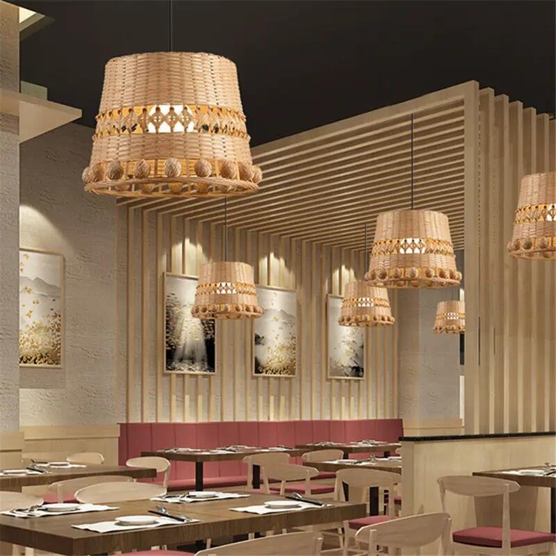 new handmade natural ratro round rattan art chandelier led modern bamboo led pendant ceiling light