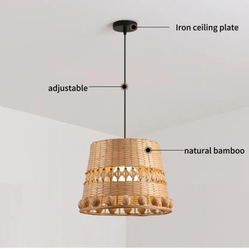 new handmade natural ratro round rattan art chandelier led modern bamboo led pendant ceiling light