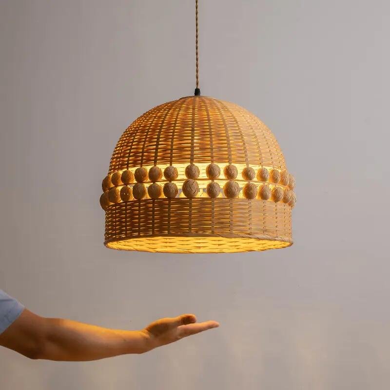 new handmade natural ratro round rattan art chandelier led modern bamboo led pendant ceiling light