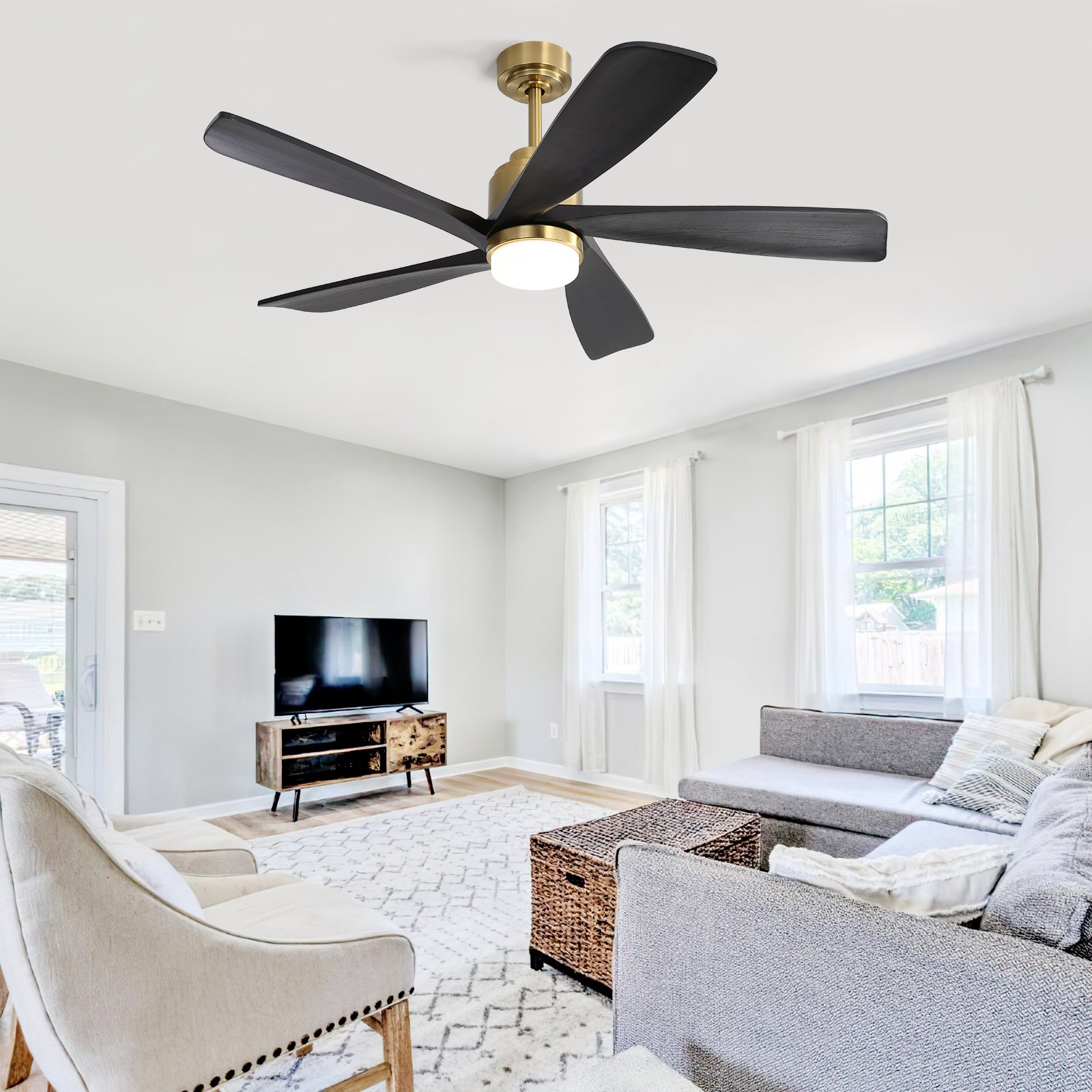 Low Profile Outdoor 52 Inch Remote Control 3 Solid Wood Blades Decorative Led Ceiling Fan With Light