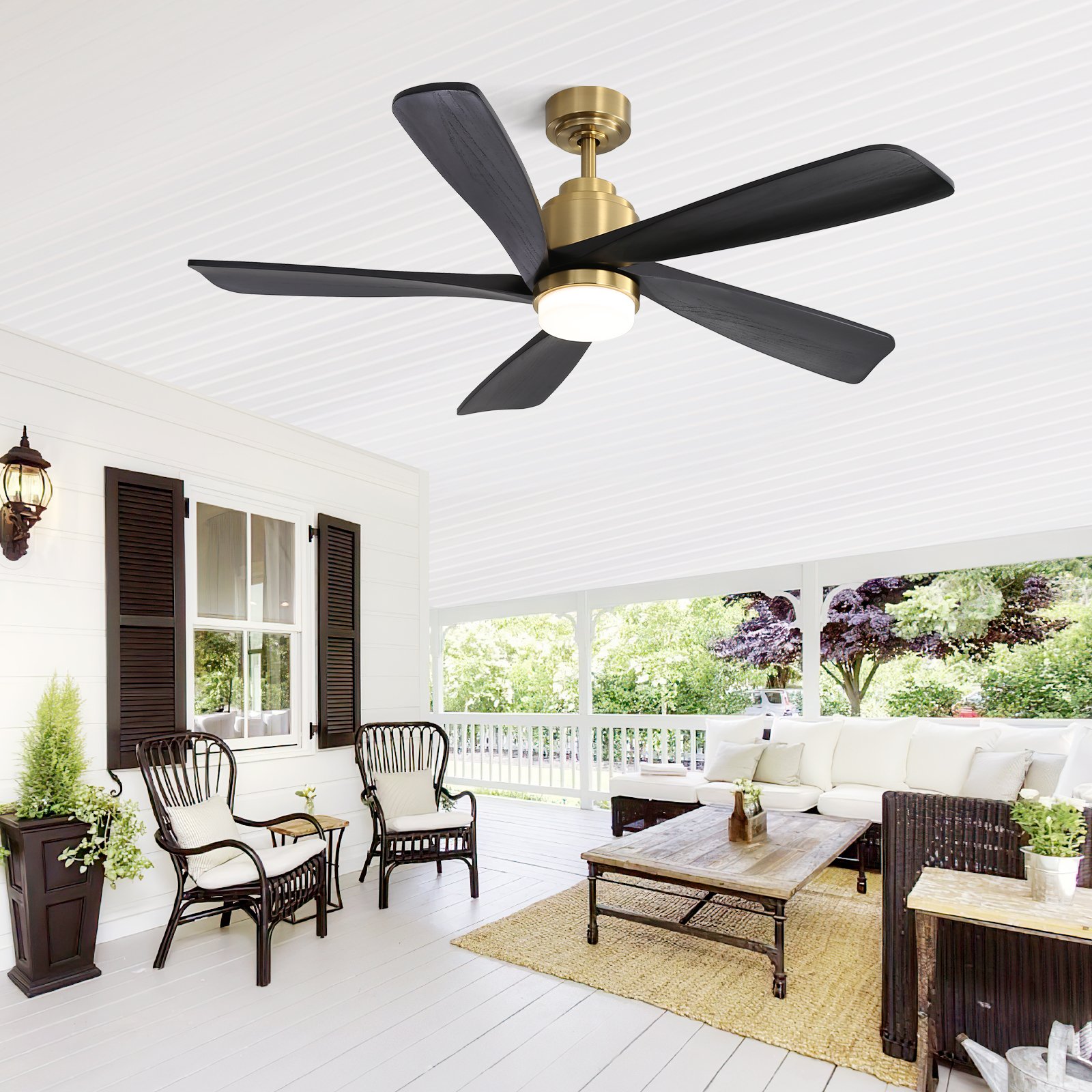 Low Profile Outdoor 52 Inch Remote Control 3 Solid Wood Blades Decorative Led Ceiling Fan With Light