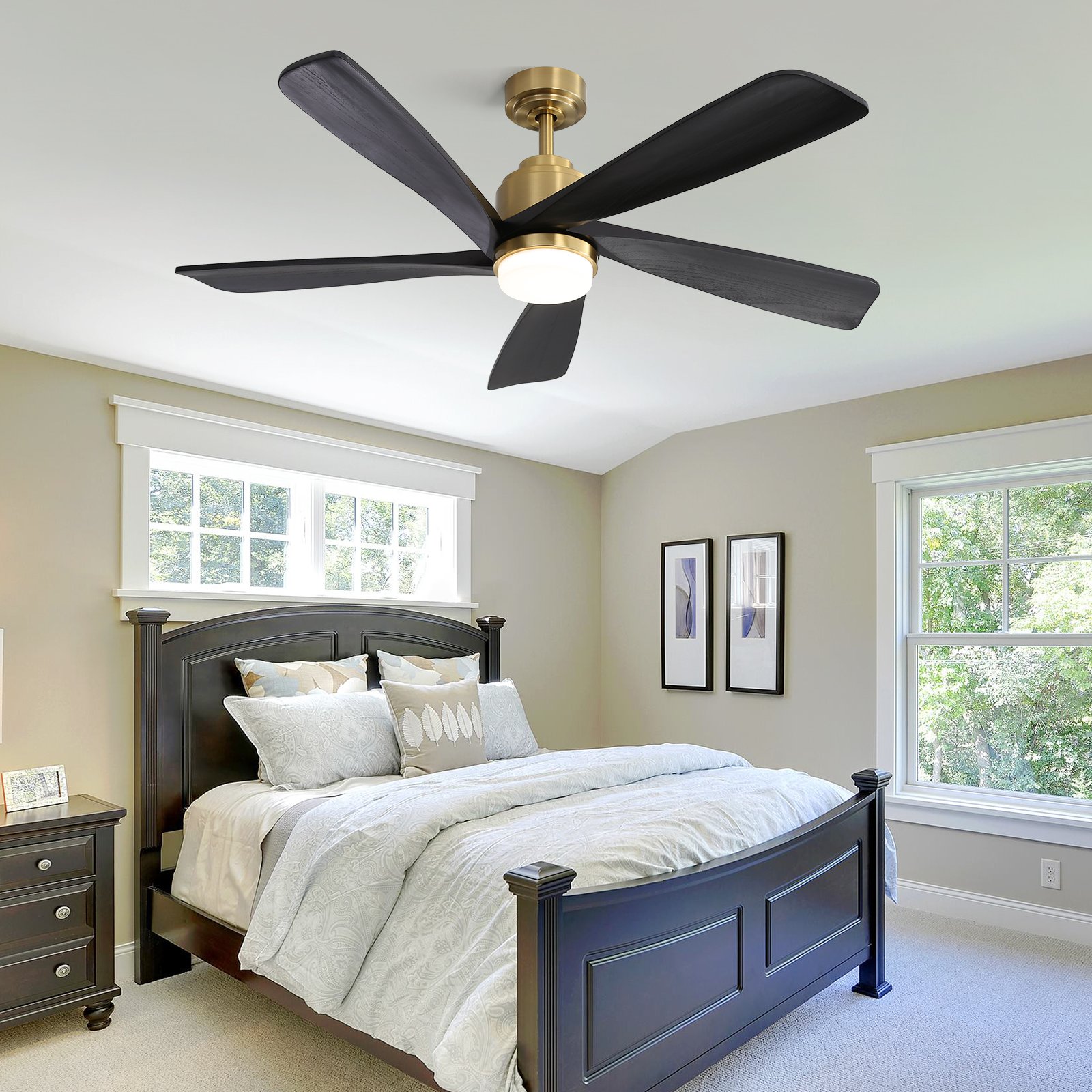 Low Profile Outdoor 52 Inch Remote Control 3 Solid Wood Blades Decorative Led Ceiling Fan With Light