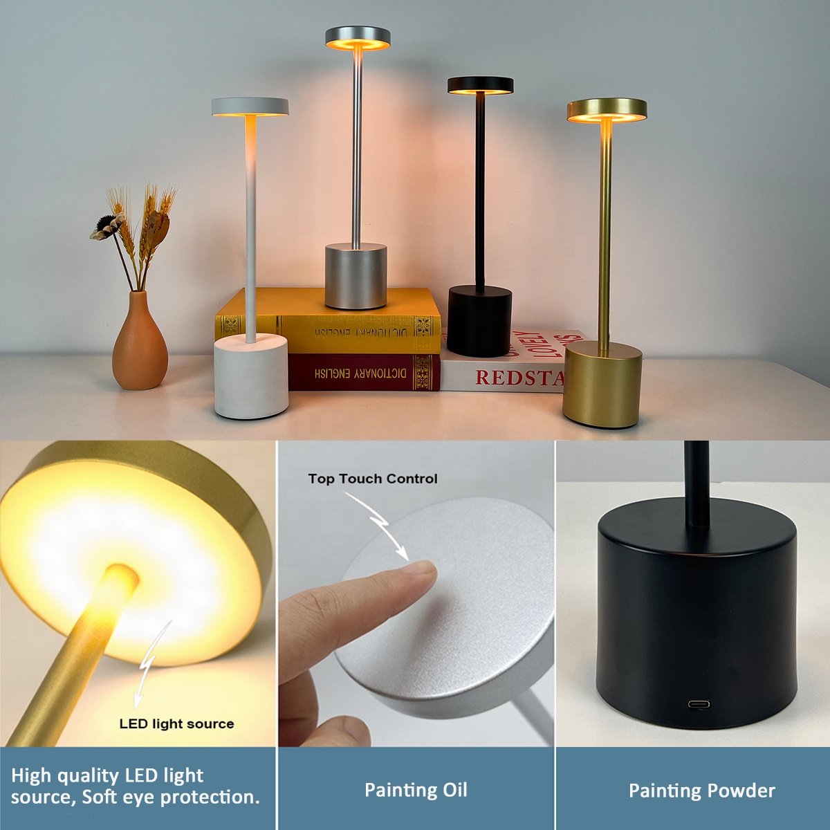 Table Lamp Home Decor Luxury Night Light Dimmable Rechargeable Cordless Desk LED Table Light
