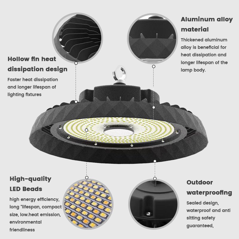 Outdoor Aluminum IP65 Waterproof UFO LED High Bay Light Industrial 50W 100W 150W 200W 250W 300W Garage Warehouse Ceiling Outdoor