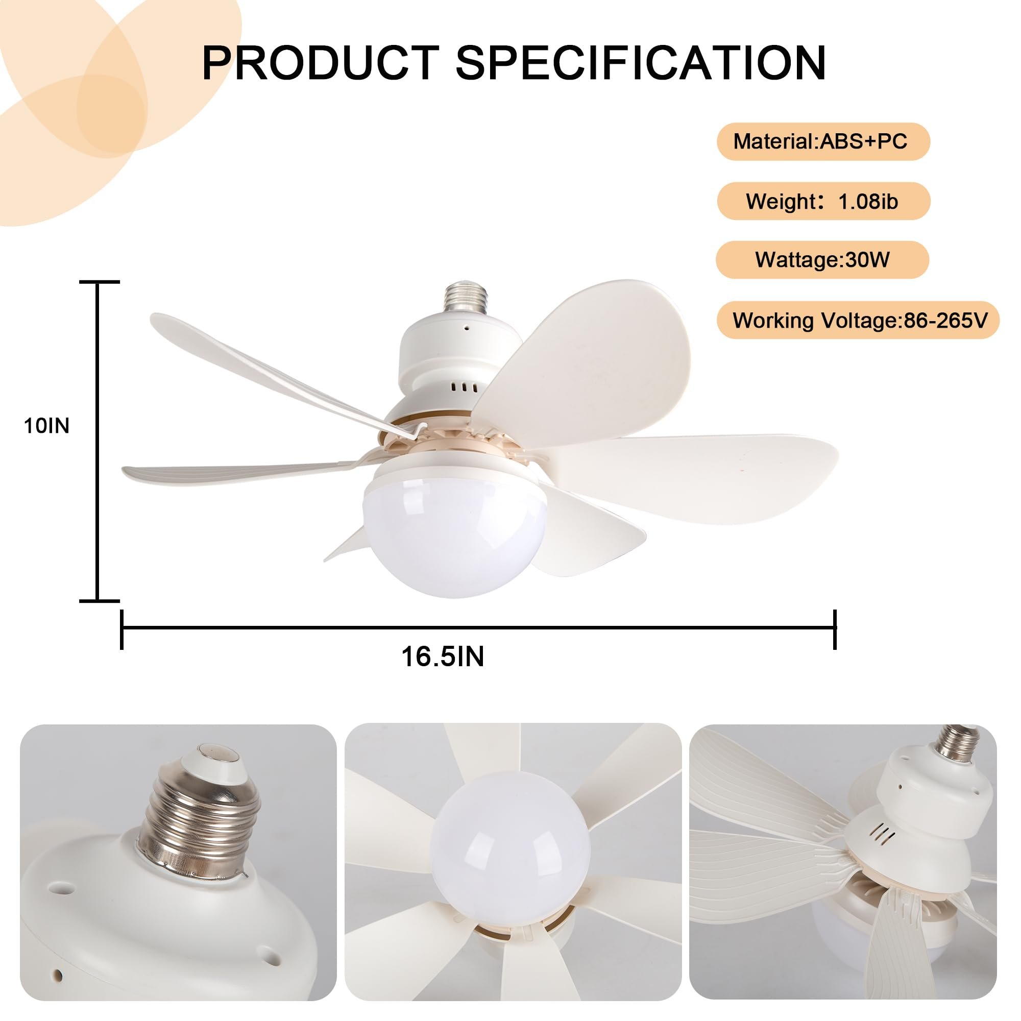 Bedroom Kitchen Living Room Noiseless Energy Saving Socket Led Celling Fan With Light