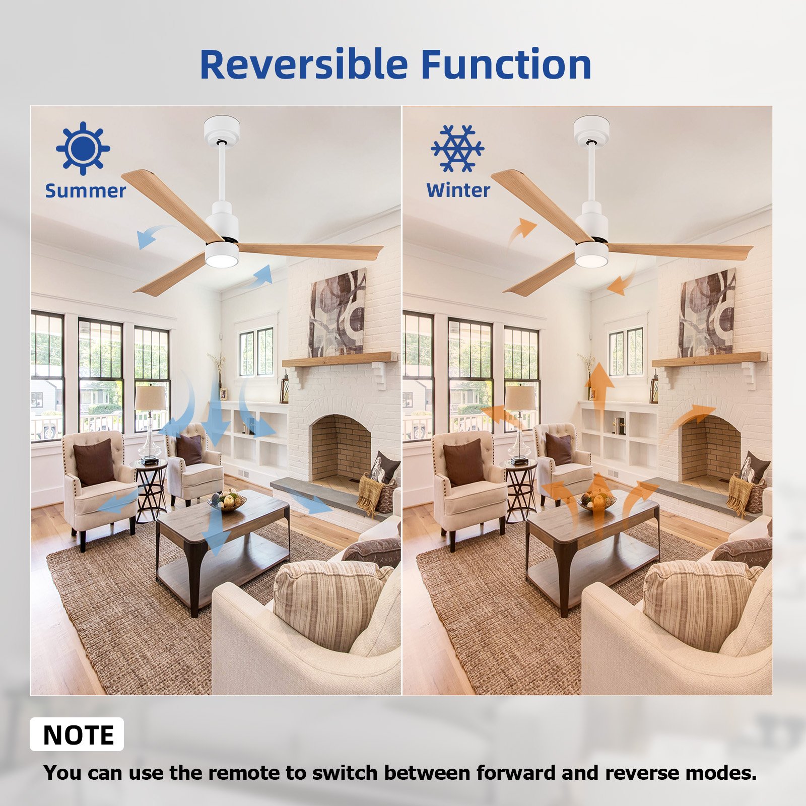 52 Inch Outdoor/Indoor Ceiling Fan with Lights and Remote, Quiet Reversible Motor & 3 ABS Blades, Modern Ceiling Fan for Home