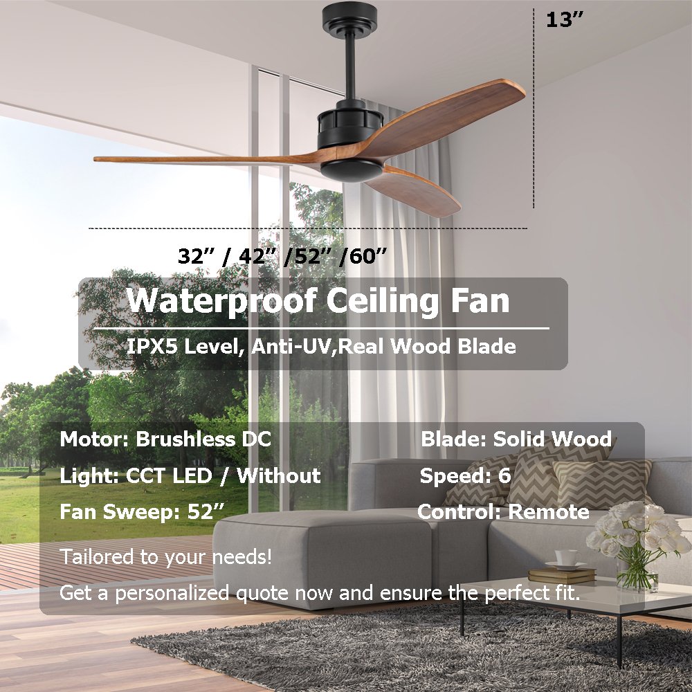 Stylish High Quality Outdoor Patio Ceiling Fan Fan with Wood Blades - Damp Rated, Waterproof UV-Resistant
