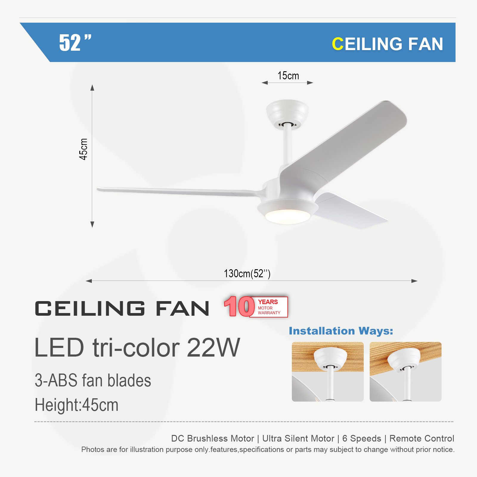 52-Inch White Modern Minimalist Style Decor Ceiling Fans with Lights Noiseless Motor Indoor/Outdoor Ceiling Fan
